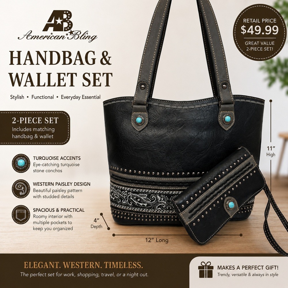 American Bling Black Western Paisley Handbag and Wallet 2-Piece Set AB-G7706WBK‎